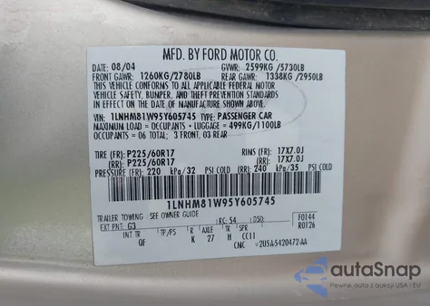 2005 Lincoln Town Car Signature из США, поврежденный, VIN 1LNHM81W95Y605745